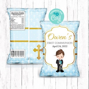 May include: Blue and gold chip bag with a cross design and a boy in a suit holding a bible and rosary beads. The bag says "Owen's First Communion April 24, 2022".