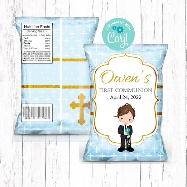Editable First Communion Chip Bags, Boy Communion Treats, Communion Boy Favors, Blue Gold Chip Bag, Printable Chip Bag Wrappers