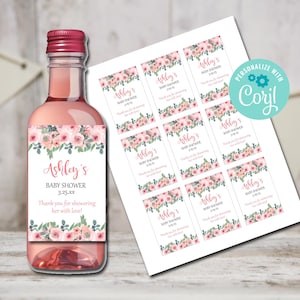 Baby Shower Mini Wine Labels, Baby Shower Wine Template, Printable Wine Label, Girl Baby Shower Favors, Instant Download, Pink Floral Labels