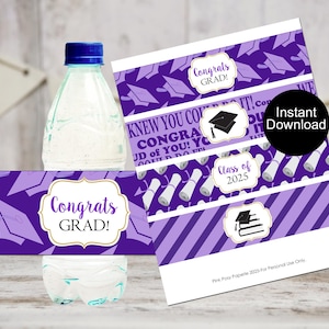 Graduation Water Bottle Labels, Purple Graduation Party Favors, Class of 2025, Printable Bottle Wrappers, Instant Download, Purple Labels