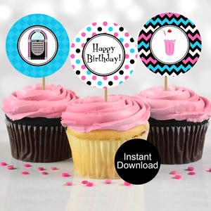 50s Birthday Cupcake Toppers, Sock Hop Cupcake Toppers, Retro Birthday, 1950s Birthday Theme, Instant Download, Girl Birthday Party Treats