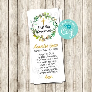Editable First Communion Prayer Card, Greenery Gold Bookmark, Printable Prayer Card, First Communion Favors, Personalized Prayer Bookmark