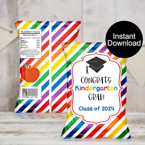 Kindergarten Graduation Chip Bag, Class of 2024 Chip Bags, Graduation Treats, Graduation Favors, Instant Download, Chip Bag Wrappers