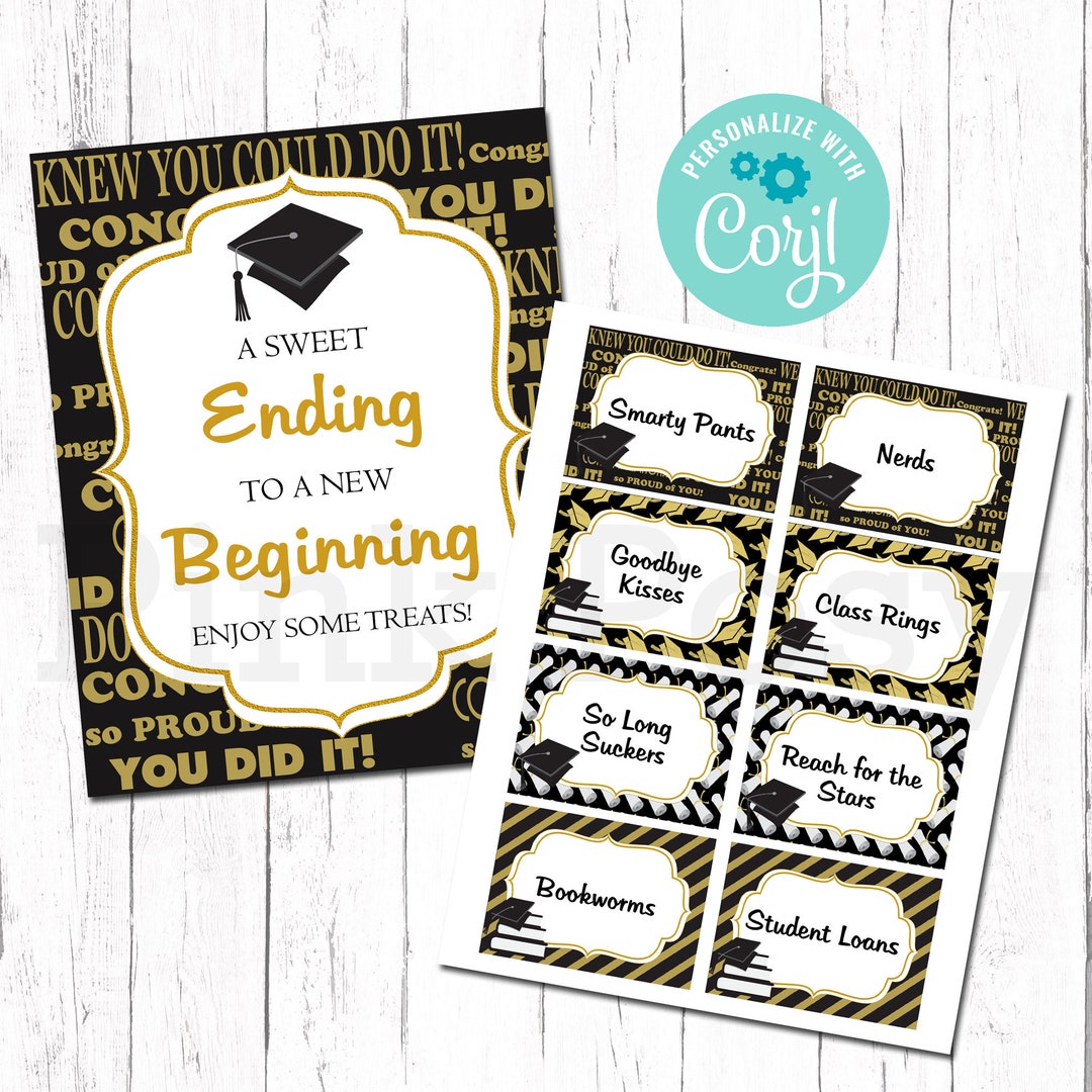 Editable Graduation Candy Labels, Candy Bar, Candy Buffet, Black Gold ...