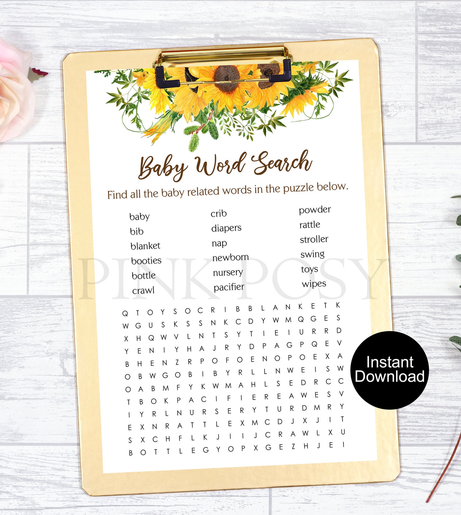 Sunflower Shower Game Baby Word Search Game Sunflower Baby | Etsy