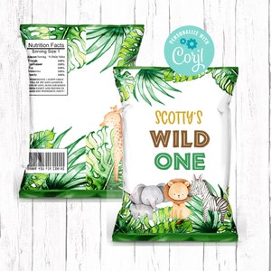 Jungle Chip Bag, Birthday Party Chip Bag, Wild One Birthday, Safari Party Theme, Party Favor, Editable Chip Bag Wrapper, Instant Download
