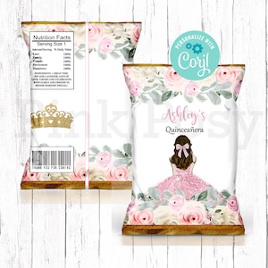 Quinceanera Chip Bag, Pink Floral Chip Bag, 15th Birthday Party, Editable Chip Bag, Mis Quince Favors, Printable Chip Bag Wrapper