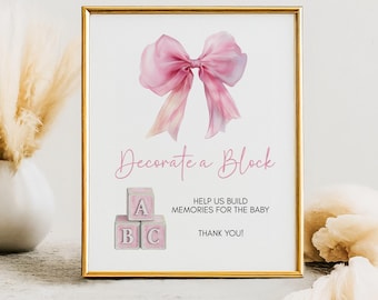 Cartello per baby shower "Decora un blocco", Attività di memoria, Fiocco rosa Coquette, Download immediato, Gioco di decorazione di blocchi per bambini, Cartello minimalista