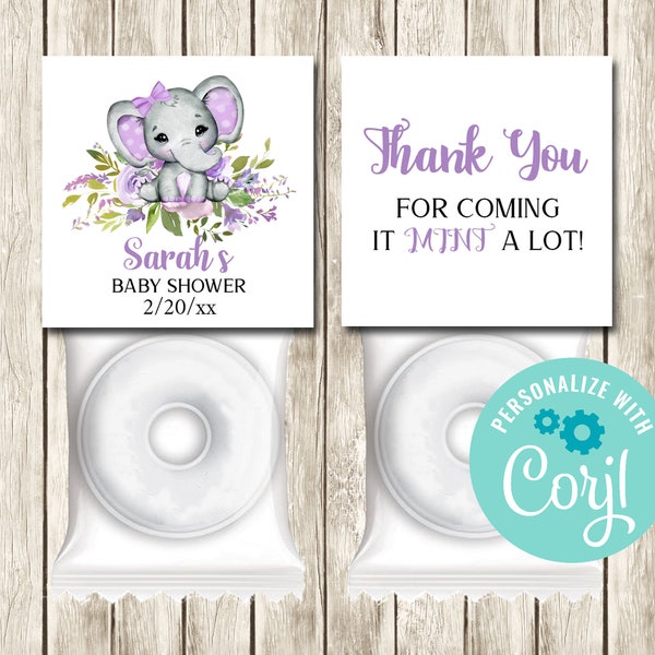 Editable Baby Shower Mint Favors, Girl Baby Shower, Custom Shower Mints, Lavender Elephant, Printable Mint Toppers, Personalized Favors