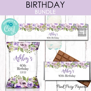 Editable Birthday Party Bundle, Lavender Floral Birthday, Printable Birthday Favors, Chip Bag, Water Bottle Wrappers, Candy Bar Wrappers