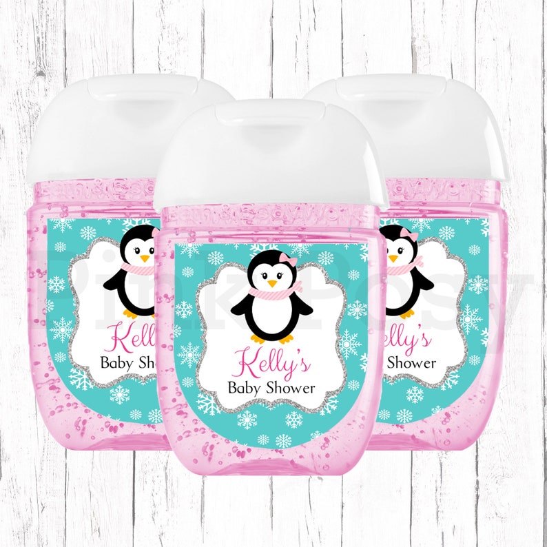 Baby Shower Hand Sanitizer Labels Penguin Labels Girl Baby Etsy
