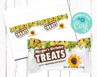 Sonnenblumen-Geburtstag, Gastgeschenke, Sonnenblumen-Reis-Getreide-Leckereien, bearbeitbare Gastgeschenke, Sonnenblumen-Party-Leckereien, personalisierte Verpackungen