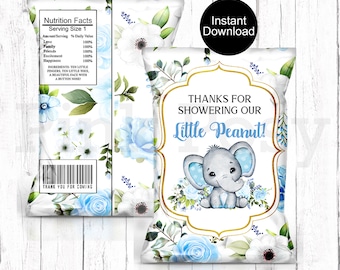 Baby Shower Chip Bags, Elephant Chip Bags, Elephant Boy Shower, It&#39;s A Boy Shower, Baby Shower Favor, Chip Bag Wrapper, Instant download