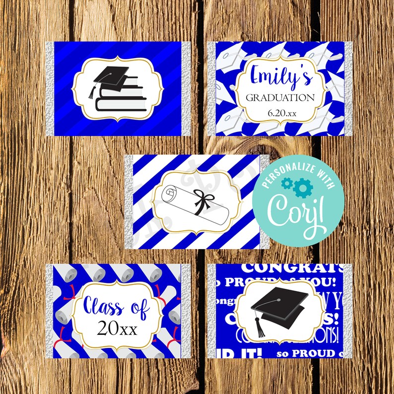 editable graduation mini candy bar wrappers royal blue etsy
