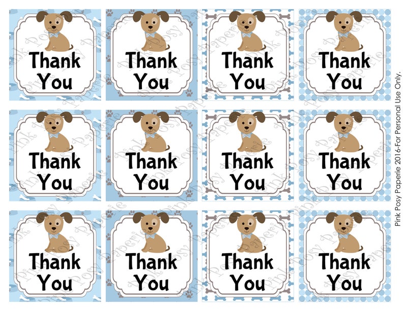 Paper Instant Download Printable Puppy Dog Baby Boy Shower Thank You Tags Paper Party Supplies