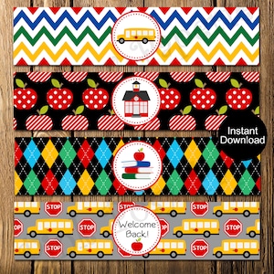 Back to School Water Bottle Wrappers, First Day of School Wrappers, Printable Bottle Wrappers, Instant Download, School Bottle Labels