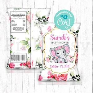 Elephant Chip Bags, Baby Shower Chip Bags, Elephant Baby Girl Shower, Editable Chip Bag, Baby Shower Favors, Instant Download, Printable Bag