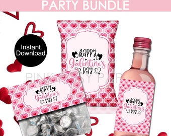 May include: Galentine's Day party favor bundle with a pink and red heart pattern. The bundle includes a bag of chocolate kisses, a mini bottle of wine, and a bag of snacks. The labels on the wine bottle and snack bag say "Happy Galentine's Day".