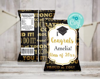 Black Gold Graduation Chip Bag, Class of 2025, College Grad Party, High School Favors for Guest, Editable Printable File, Instant Download