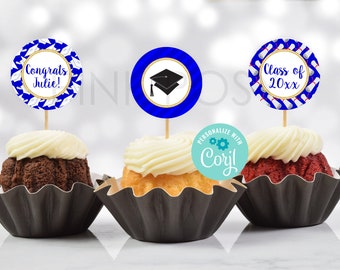 Editable Royal Blue Graduation Cupcake Toppers, Blue Graduation Decor, Class of 2024, Printable Cupcake Picks, Grad Party, Instant Download