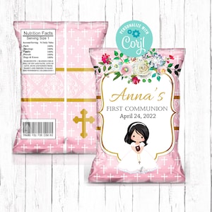 Editable First Communion Chip Bags, Girl Communion Treats, Communion Girl Favors, Pink Watercolor Floral, Printable Chip Bag Wrappers