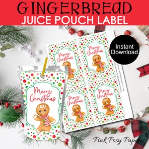 Christmas Juice Pouch Labels, Gingerbread Labels, Christmas Party Favors, Kids Christmas, Printable Juice Wrapper, Instant Download