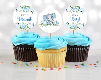 Baby Shower Cupcake Toppers, Elephant Cupcake Toppers, Baby Boy Shower Favors, It's a Boy Printable Cupcake Toppers, Instant Download