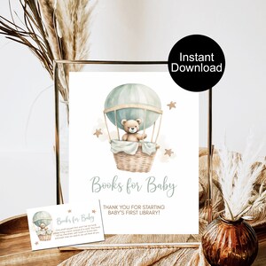 Sage Green Bear Book Request Cards and Sign, Bear Balloons Shower, Printable Baby Shower Game, Book Insert, Instant Download, Livres pour bébé