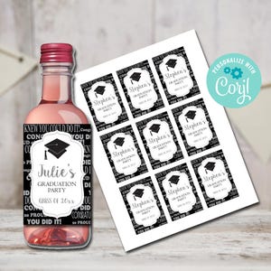 Graduation Mini Wine Labels, Graduation Wine Template, Printable Wine Label, Black and Silver Theme, Instant Download, Class of 2025 Favors