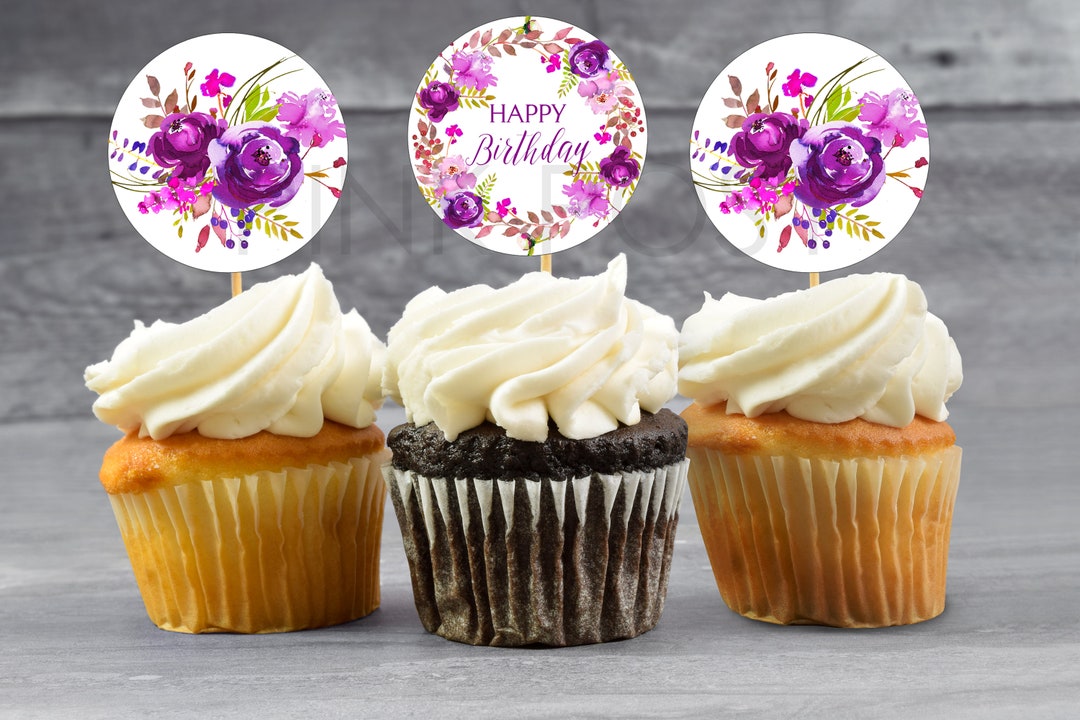 Birthday Cupcake Toppers, Purple Floral Cupcake Toppers, Birthday Party ...