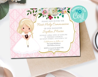 Editable Girl Communion Invitation, Invitation Template,  Pink Floral Communion Invite, Printable Invite, First Holy Communion Invite