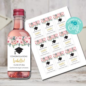 Graduation Mini Wine Labels, Graduation Wine Template, Printable Wine Label, Pink Floral Labels, Instant Download, Class of 2025 Favors