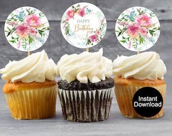 Gâteaux d'anniversaire. Cupcake Toppers Floral rose sarcelle, anniversaire Party Favors, imprimable Cupcake Toppers, téléchargement immédiat