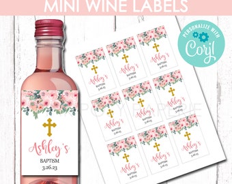 Baptism Mini Wine Labels, Christening Wine Template, Printable Wine Label, Girl Baptism Favors, Instant Download, Pink Floral Labels