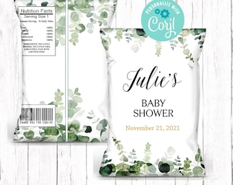 Baby Shower Chip Bags, Baby Shower Favors, Baby Shower Treats, Editable Baby Shower, Greenery Chip Bags, Printable Chip Bag Wrapper