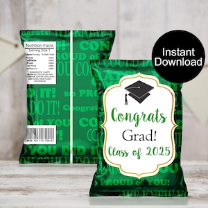 Graduation Chip Bag, Green Theme, Class of 2025 Chip Bags, Graduation Treats, Graduation Favor, Instant Download Chip Bag Wrappers