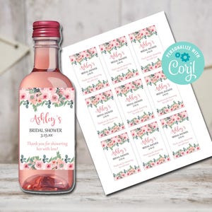Bridal Shower Mini Wine Labels, Bridal Shower Wine Template, Printable Wine Label, Bridal Shower Favors, Instant Download, Pink Floral Label