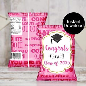 Sac de chips pour l'obtention du diplôme, promotion de 2025 sacs de chips, Gâteries de remise des diplômes, Cadeaux de remise des diplômes, Thème roses, Emballages de sac de chips à téléchargement immédiat