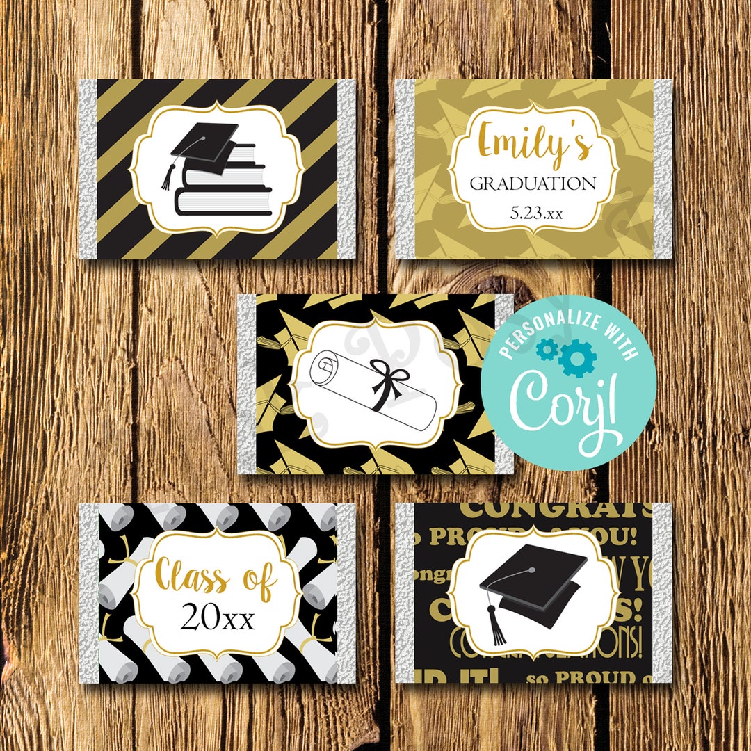 Editable Graduation Mini Candy Bar Wrappers Black Gold - Etsy