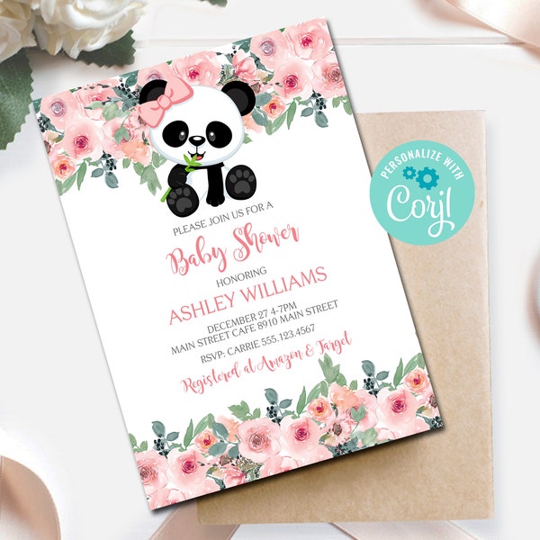 Editable Panda Baby Shower Invitation, Printable Invitation, Pink Floral Panda Baby Invitation, Girl Shower Invite, Instant Download