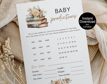 May include: A white baby prediction card with floral accents and the words "BABY predictions" in elegant script. The card includes spaces for predictions about the baby's gender, hair color, and more. A circular sticker reads "Instant Download Not Editable".