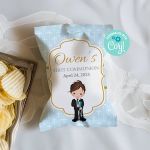 May include: Blue and gold chip bag with a white cross pattern. The bag has a personalized label with the text "Owen's First Communion April 24, 2025" and a cartoon illustration of a boy in a suit.
