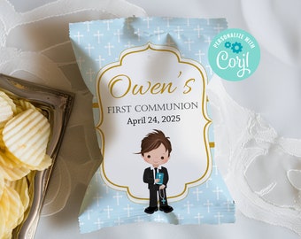 Editable First Communion Chip Bags, Boy Communion Treats, Communion Boy Favors, Blue Gold Chip Bag, Printable Chip Bag Wrappers