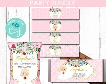 Editable First Communion Favor Bundle, Girl First Communion, Printable Communion Favors, Chip Bag, Water Bottle Wrappers, Candy Bar Wrappers