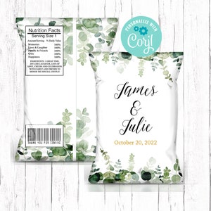 Bearbeitbare Hochzeit Chip Tasche, Hochzeit Duschgeschenke, Greenery Chip Tasche, Hochzeit Leckereien, Empfangsgeschenke, druckbare Chip Tasche Wrapper