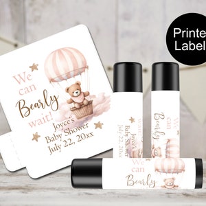 We Can Bearly Wait Lip Balm Labels, Pink Bear Baby Shower, Bear with Balloons, Girl Baby Shower, Gifts for Guest, Personalized Favor Sticker