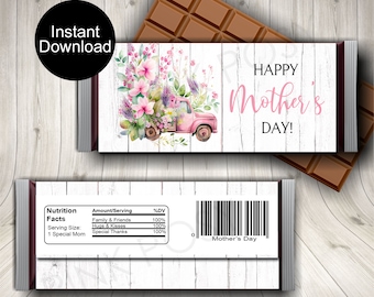 Mother's Day Candy Bar Wrappers, Mother's Day Favors, Vintage Truck, Pink Floral, Printable Wrappers, Chocolate Wrappers, Instant Download