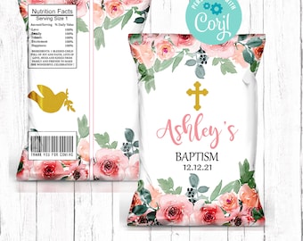 Baptism Chip Bag, Editable Christening Chip Bag, Baptism Girl Favor, Girl Baptism Treats, Pink Floral Treat Bag, Printable Chip Bag Wrapper