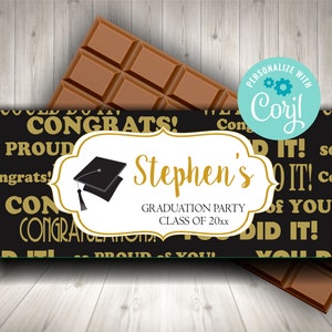 Editable Graduation Candy Bar Wrapper, Black and Gold Wrappers, Class of 2023 Party Favors, Personalized Wrappers, Printable Candy Labels