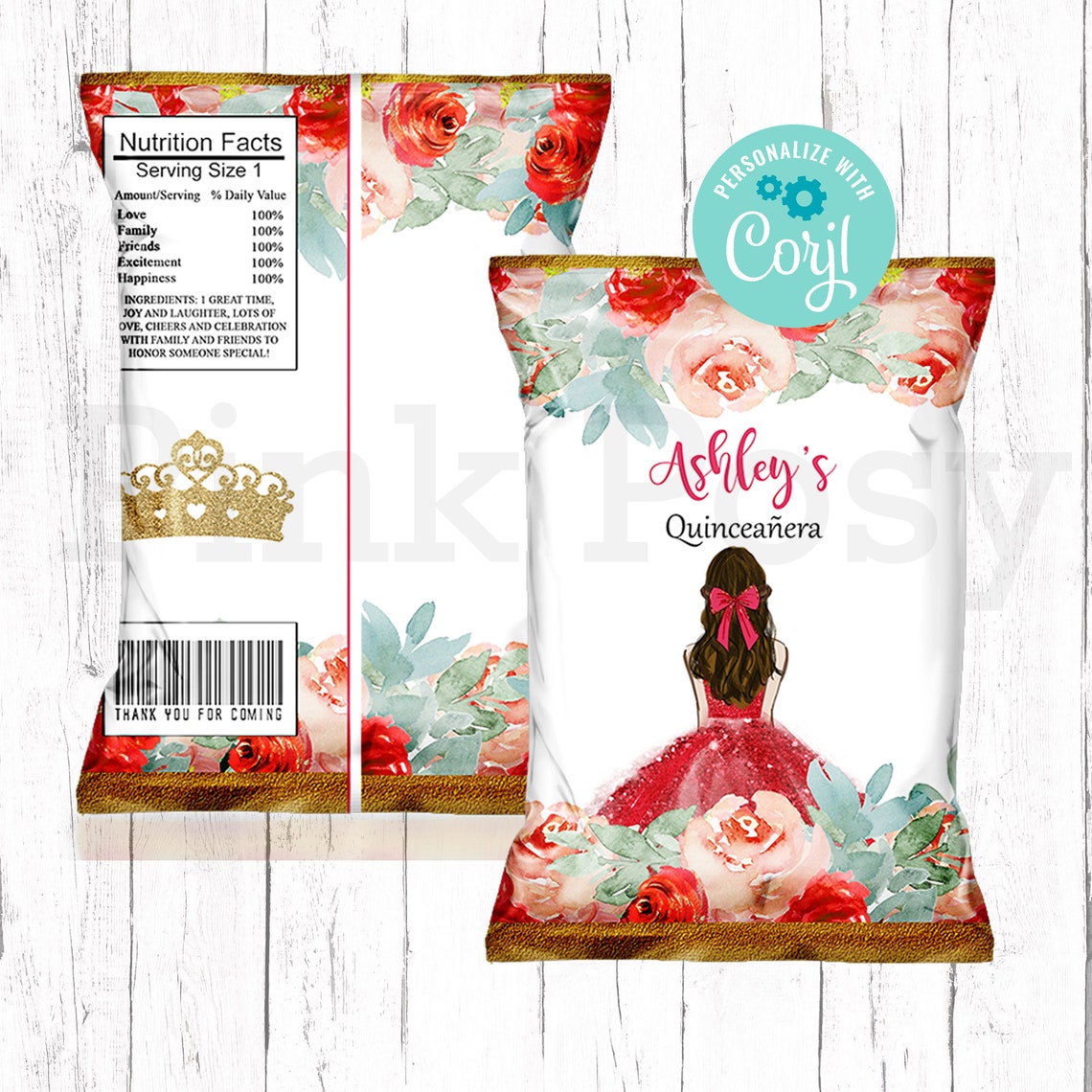 Quinceanera Chip Bag Red Floral Chip Bag 15th Birthday Etsy